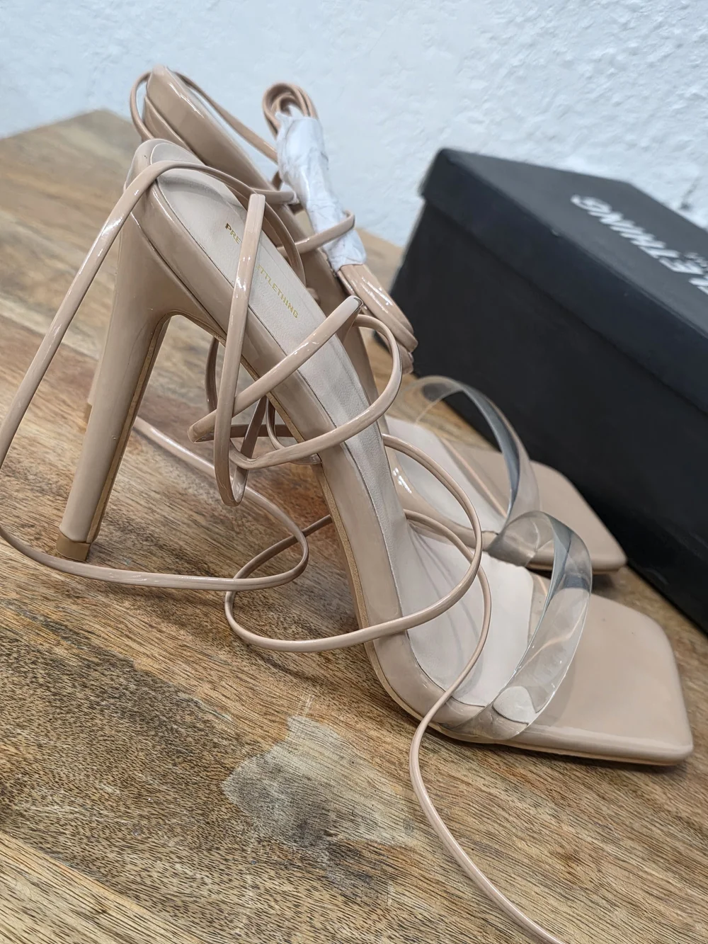 PrettyLittleThing PLT Nude clear strap lace up high heeled sandals